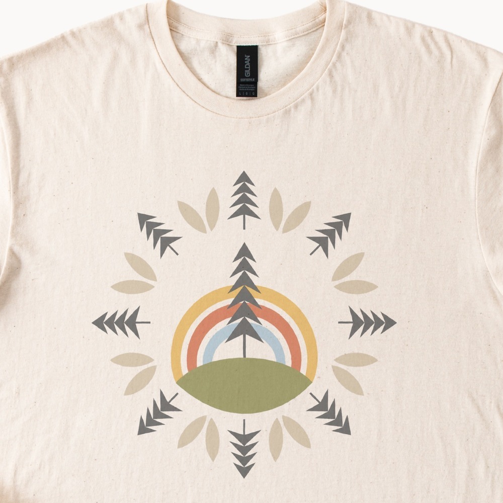 Evergreen Rising in a Mandala Badge Tee